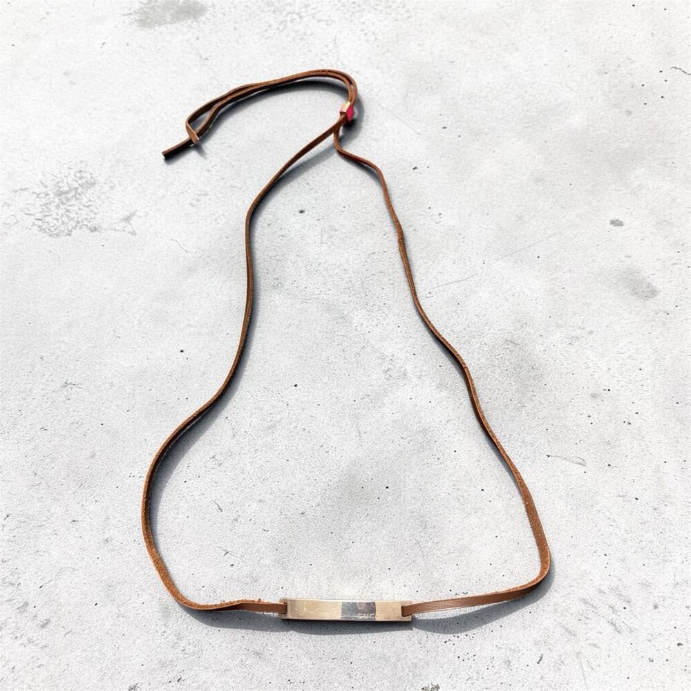 Gucci Logo Bar Leather Choker / Double Wrap Bracelet Sterling Authentic Vintage
